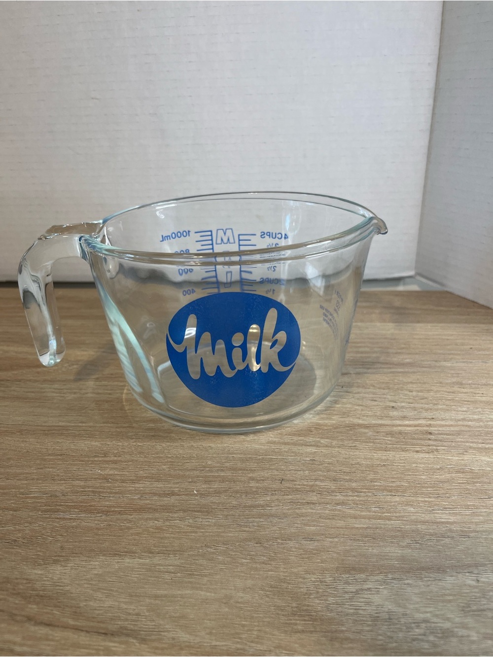 Pyrex Clear Glass Pitcher with Blue Milk Graphic